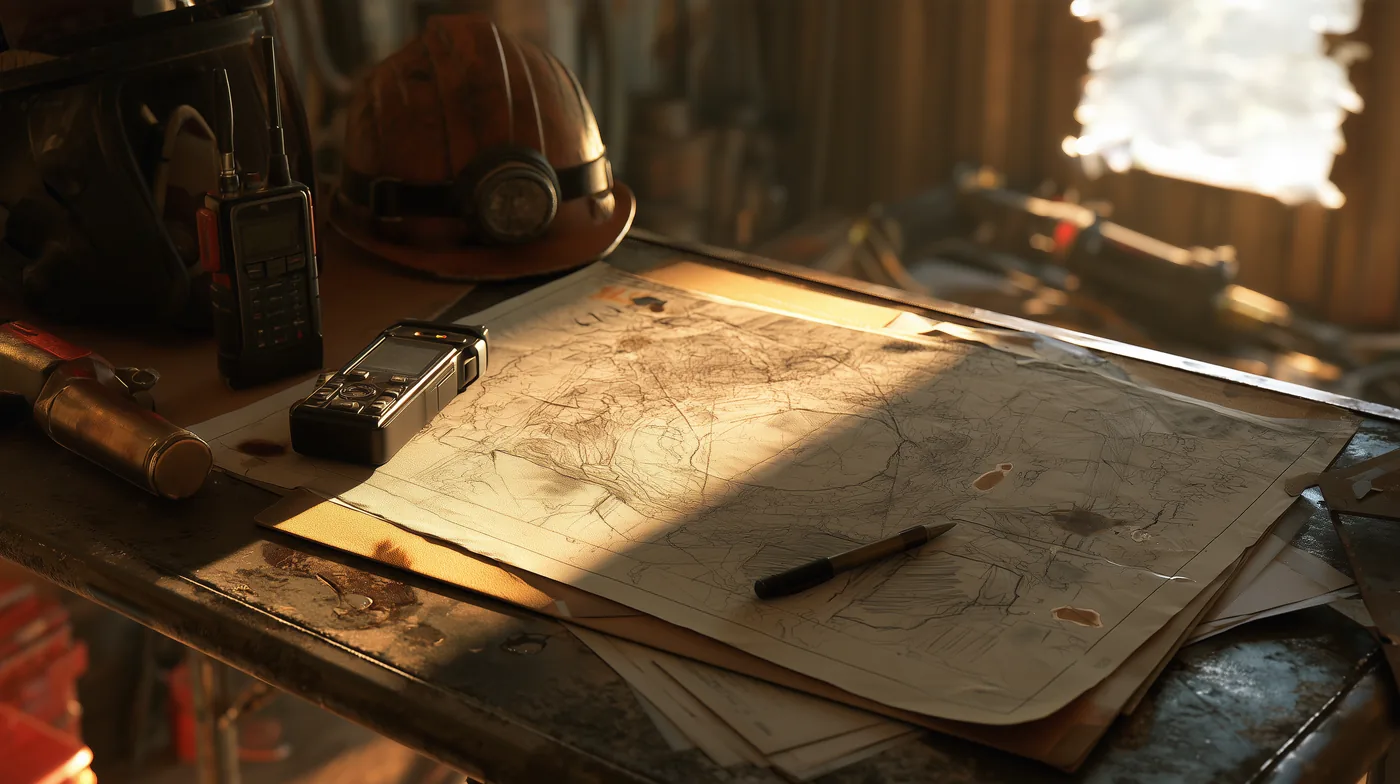 A hand-drawn salvage map on a scrap-metal desk