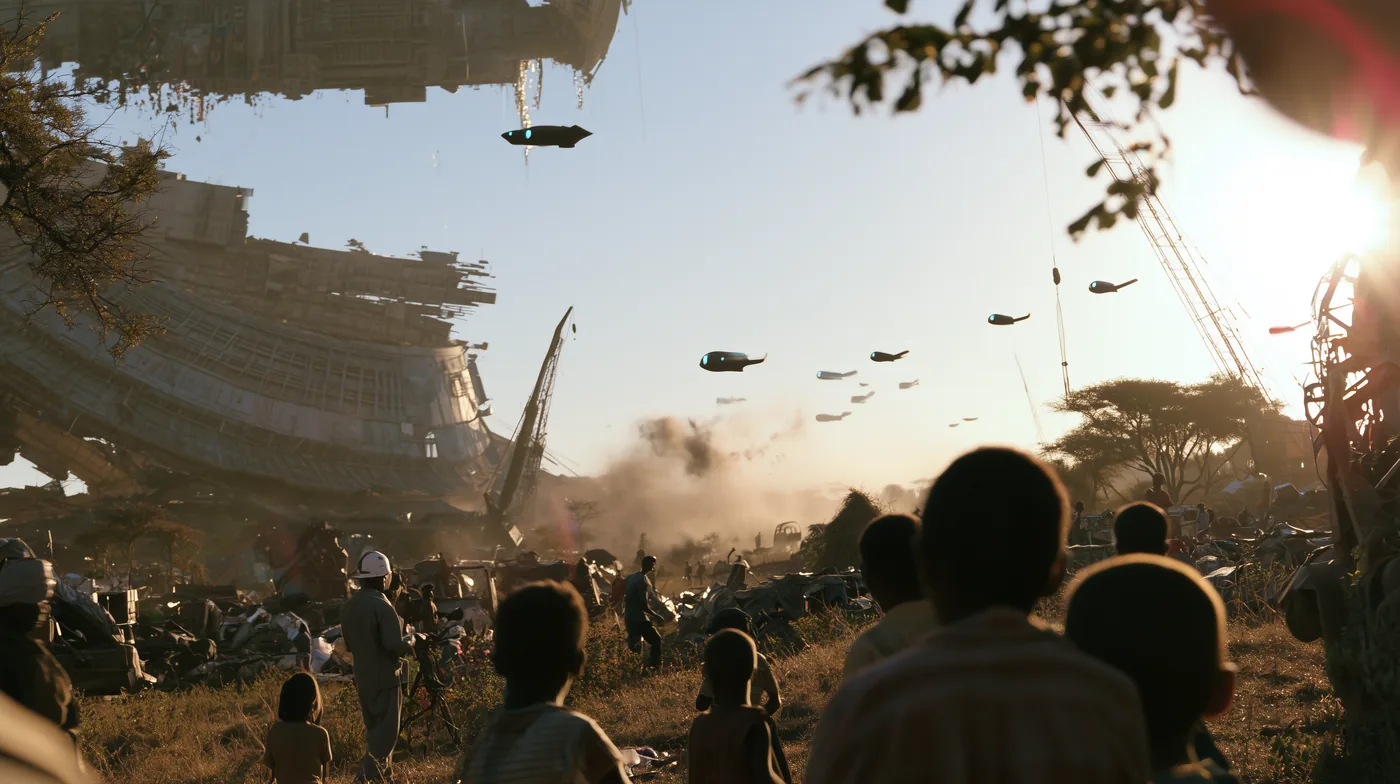 Drones cresting the ridge above the salvage camp