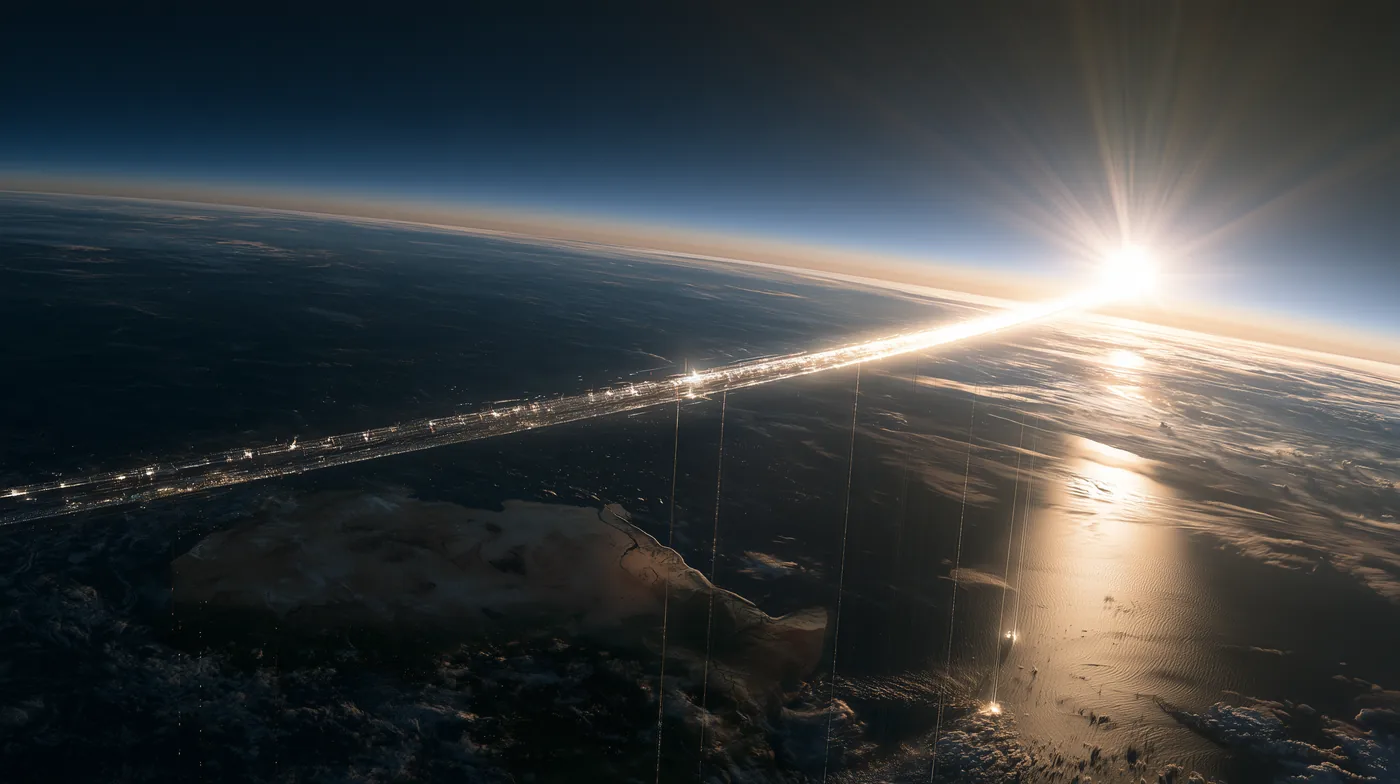 The Meridian Ring at its height: a bright band across the night sky above the Earth