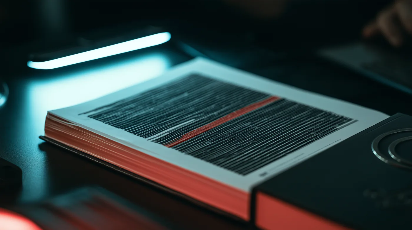 A thick printed report on a desk, page after page blacked out